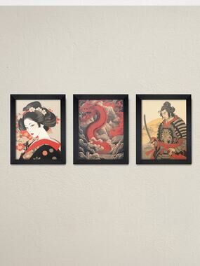 Set of 3 Framed Japanese Wall Art Prints – Geisha, Samurai, Dragon Decor